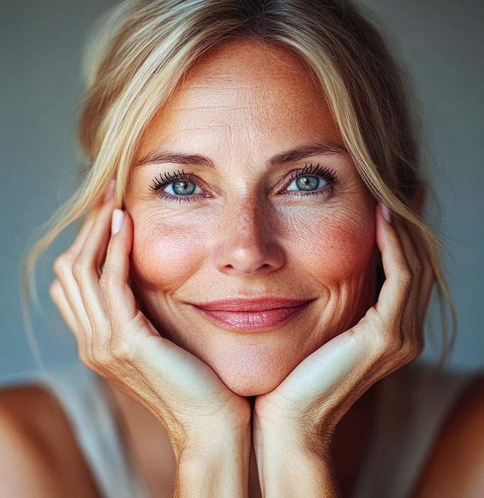 A smiling woman looking directly at us