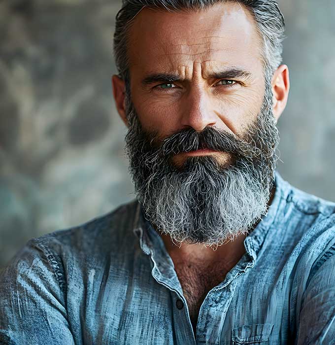 A rugged middle-aged man looks at us